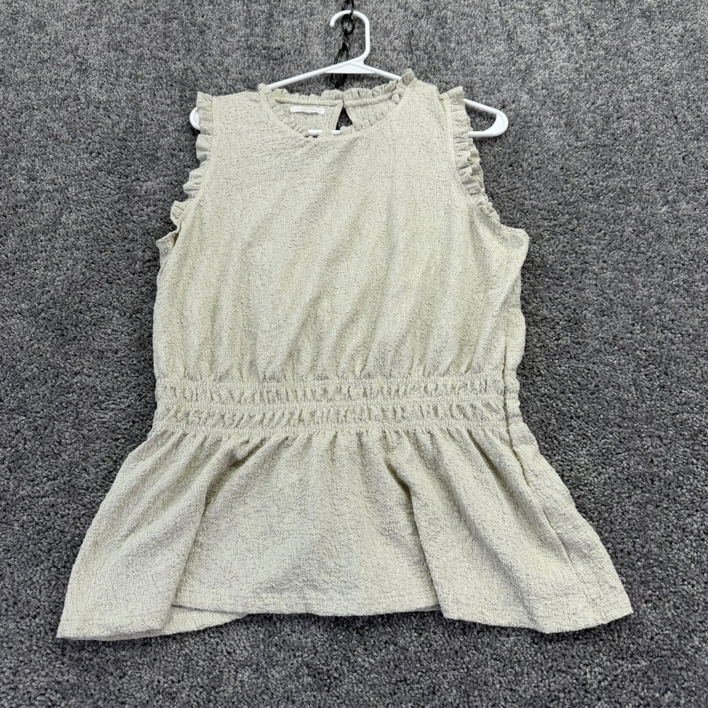 Maurices Peplum Top Womens Medium Beige Ruffle Sleeveless Smocked Waist Textured